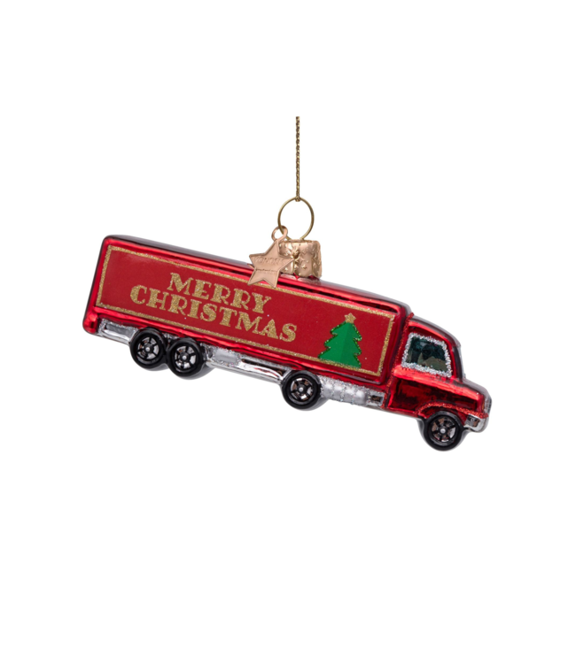 Vondels Ornament glass red truck w/merry christmas