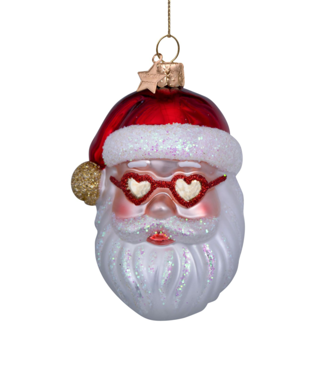 Vondels Ornament glass red santa w/heart glasses