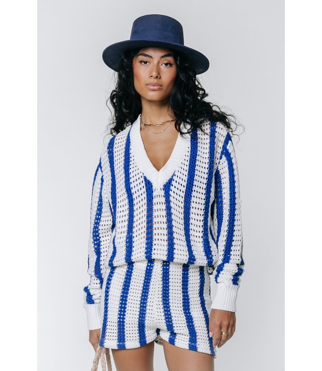 Colourful Rebel Trui Lizza Crochet Stripe V-Shape Sweater deep blue