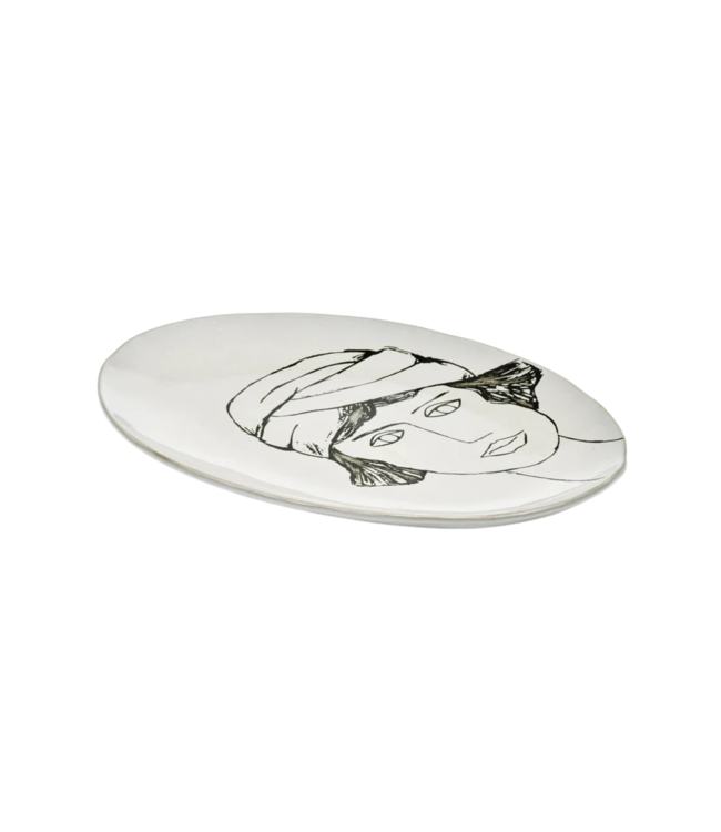 Bord oval plate off white black La Mére
