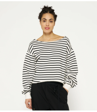 10DAYS Trui cropped boat neck sweater stripes ecru black