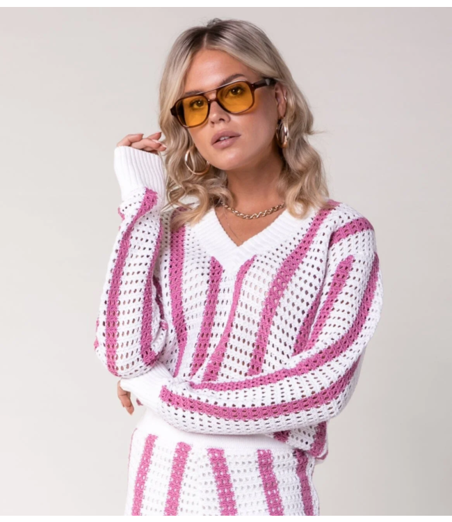 Colourful Rebel Trui lizza crochet stripe v-neck sweater medium pink