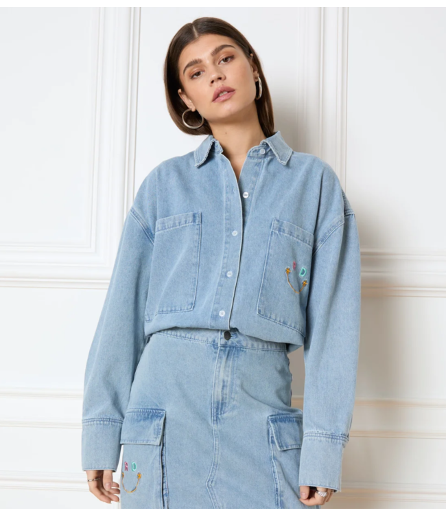 Refined Department Blouse ladies woven denim smiley blouse Ginny light blue