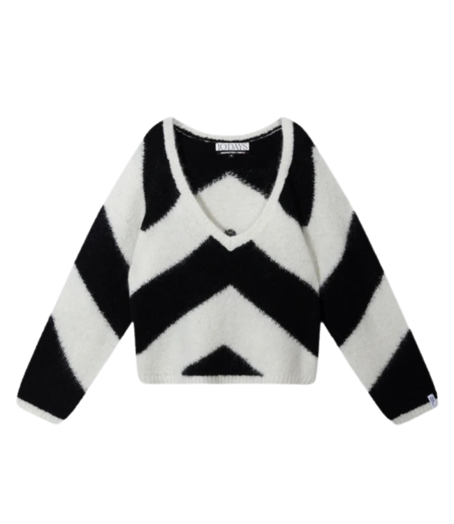 10DAYS Trui soft v-neck sweater stripe ecru/black