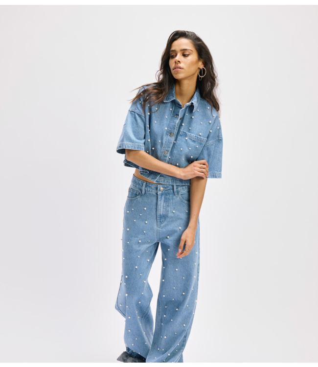 Refined Department Top ladies woven pearl denim top ADELINE blue denim