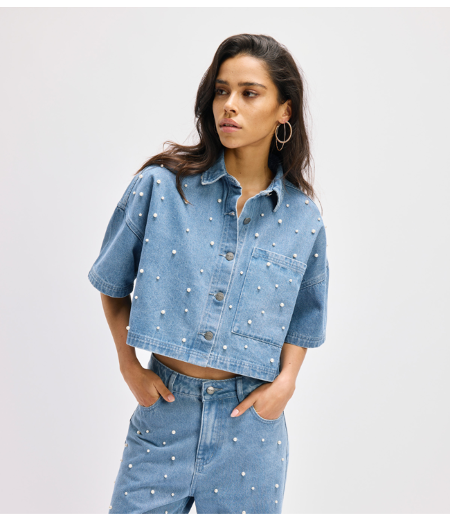 Refined Department Top ladies woven pearl denim top ADELINE blue denim