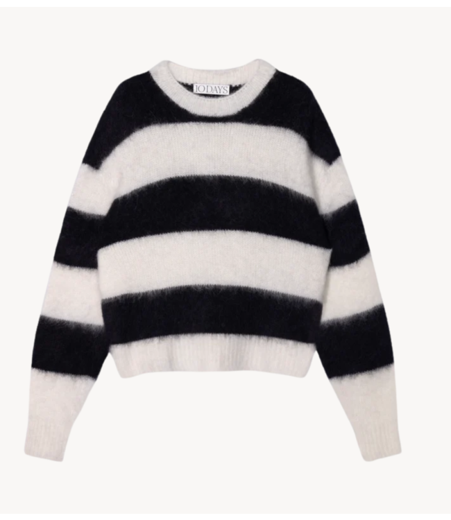 10DAYS Trui cropped hairy knit sweater stripes ecru/black