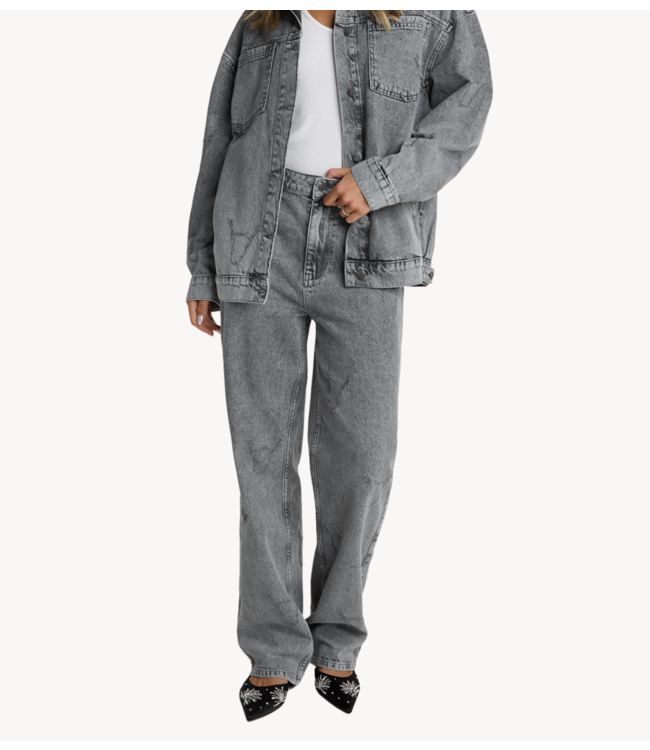 Alix The Label Broek ladies woven damaged bull pants grey washed denim