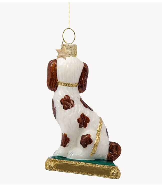 Vondels Ornament glass staffordshirel dog w/green cushion