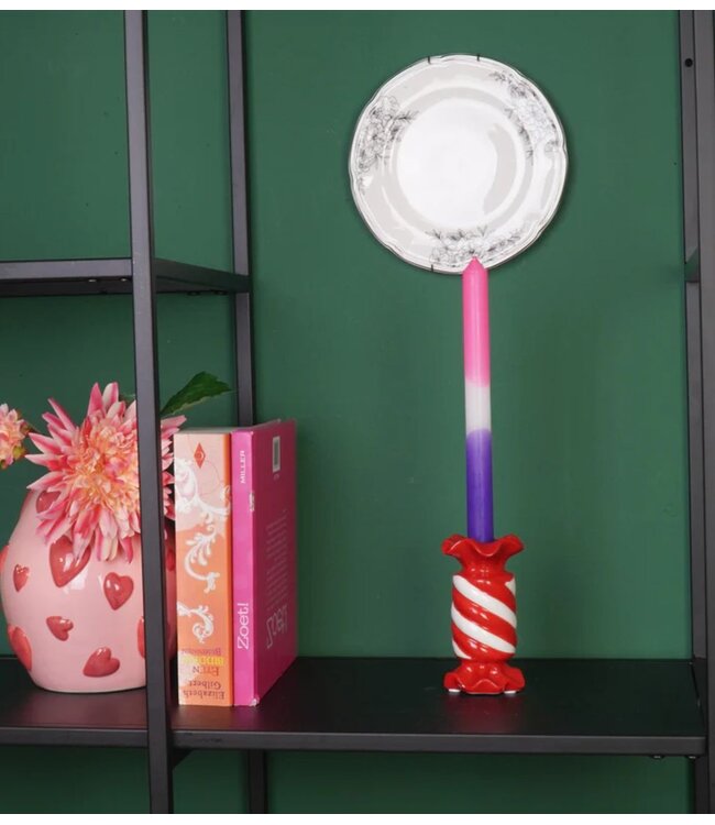 Kaarsenhouder Candle Holder- Toffee Candy - Ceramic- Red/ White- 7,5x7,5x13 cm