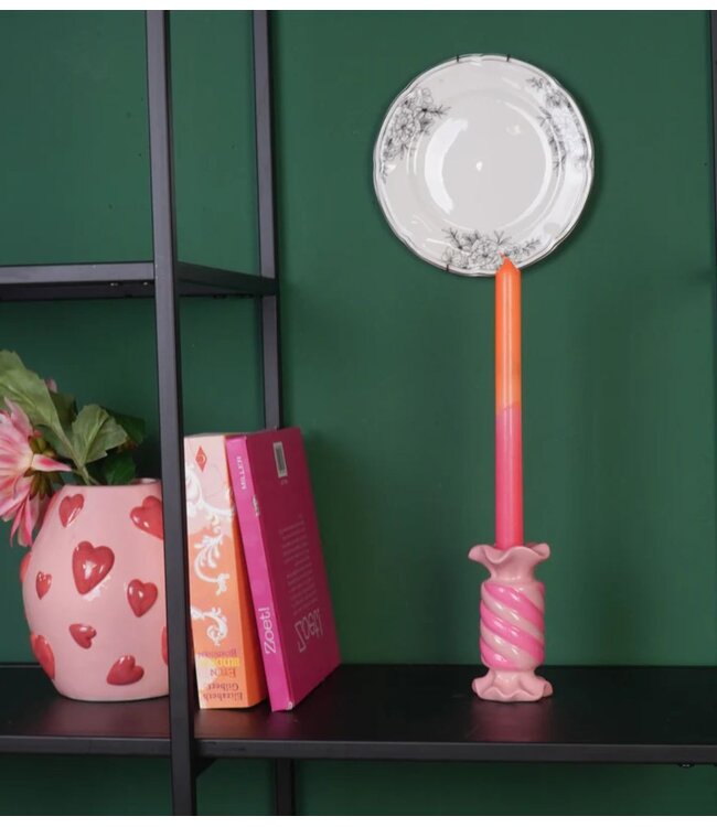 Kklup Home Selection Kaarsenhouder Candle Holder- Toffee Candy - Ceramic-Pink/ Neon -7,5x7,5x13 cm