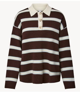 Y.A.S Top YASISABELL LS POLO KNIT PULLOVER Chocolate Brown W. Stripes