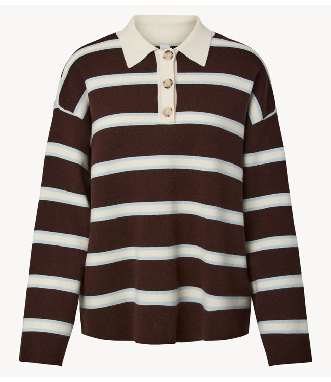 Y.A.S Top YASISABELL LS POLO KNIT PULLOVER Chocolate Brown W. Stripes
