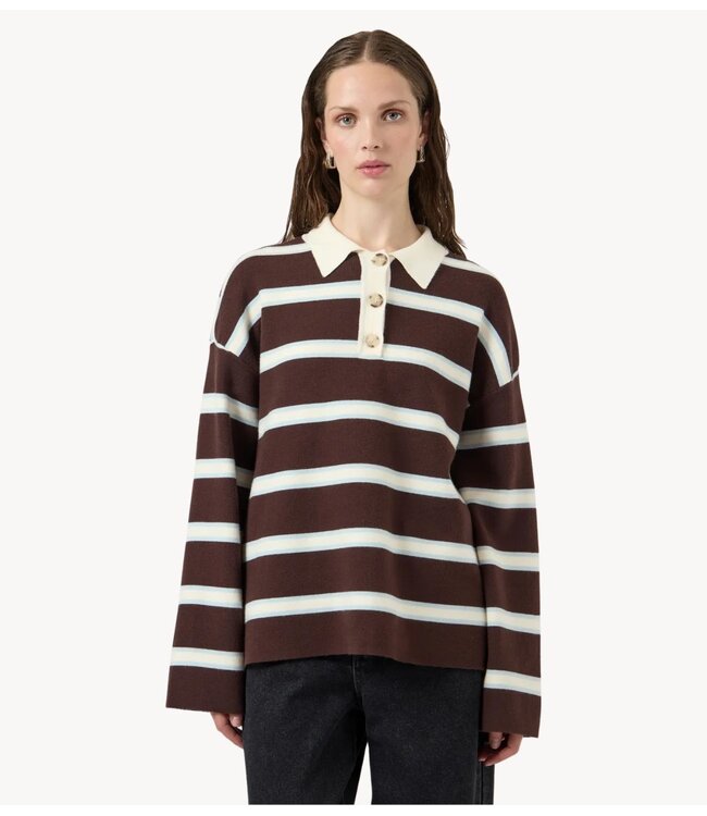 Y.A.S Top YASISABELL LS POLO KNIT PULLOVER Chocolate Brown W. Stripes