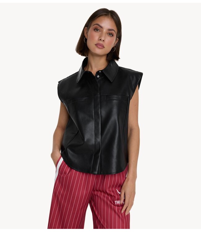 Alix The Label Gilet ladies woven faux leather waistcoat black