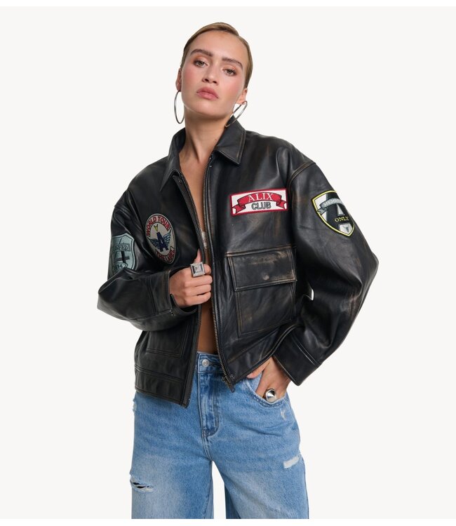 Alix The Label Jacket ladies woven leather patch jacket black