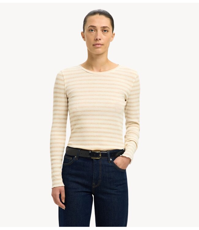 Selected Top SLWANNA LS CREW NECK TEE STR NOOS Oatmeal W SNOW WHITE STRIPES