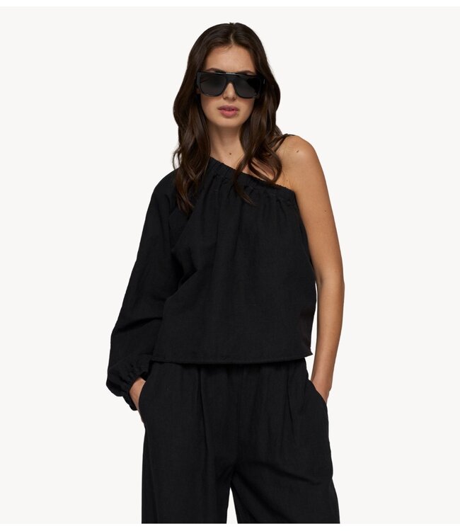 10DAYS Top one shoulder top linen black