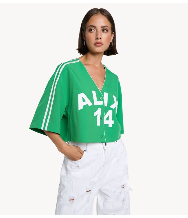 Alix The Label Shirt ladies woven cropped baseball shirt BRIGHT GREEN