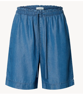 Selected Broek SLFJANNA MW ELASTIC STRING SHORTS B Medium Blue Denim