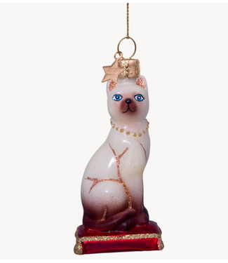 Vondels Ornament glass siamese cat w/red cushion