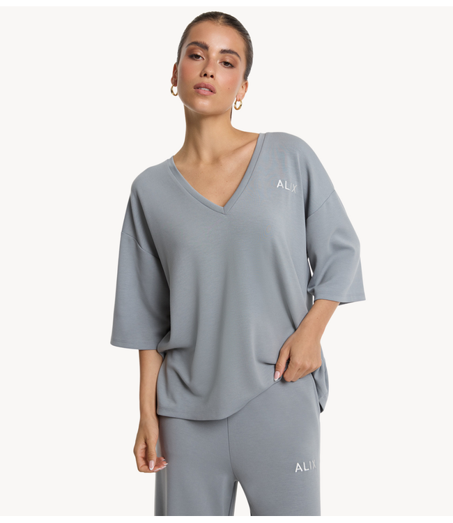 Alix The Label Top ladies knitted scuba V-neck top light grey