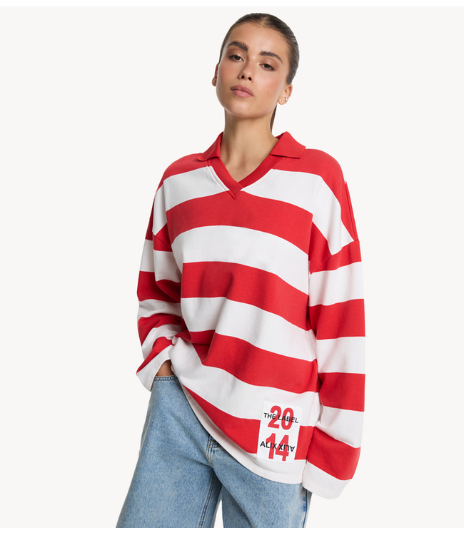 Alix The Label Trui ladies knitted block stripe polo sweater spicy coral