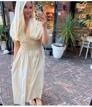 GUUS Fashion Jurk Long dress double V- smocked waist beige