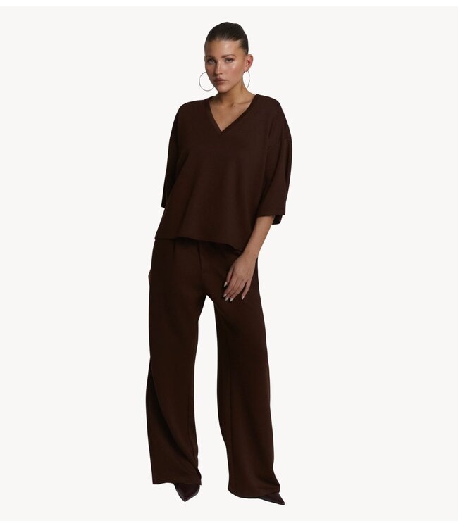 Refined Department Broek ladies knitted wide leg pantalon PUCK choc brown