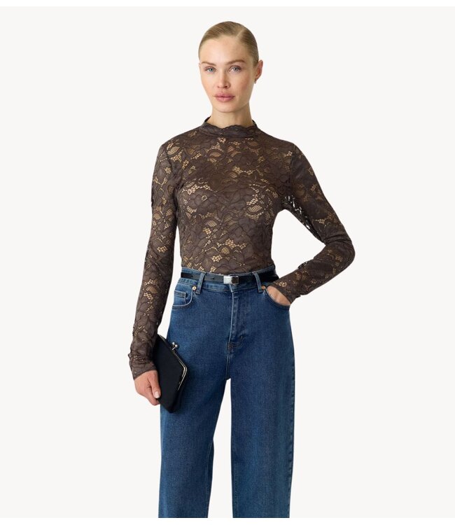 YAS Top YASLACEY LS LACE TOP S. NOOS Chocolate Brown
