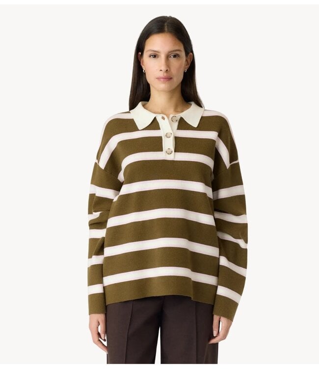 YAS Shirt YASISABELL LS POLO KNIT PULLOVER S. NOOS Fir Green W. Stripes