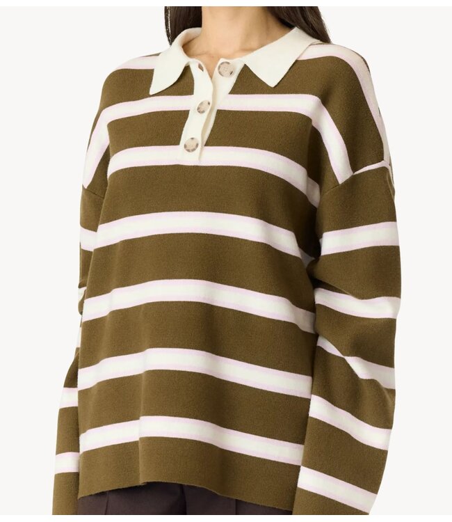 YAS Shirt YASISABELL LS POLO KNIT PULLOVER S. NOOS Fir Green W. Stripes