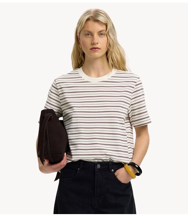 Selected Top SLWESSENTIAL SS STRIPED BOXY TEE NOOS Tawny Port BRIGHT WHITE - THIN