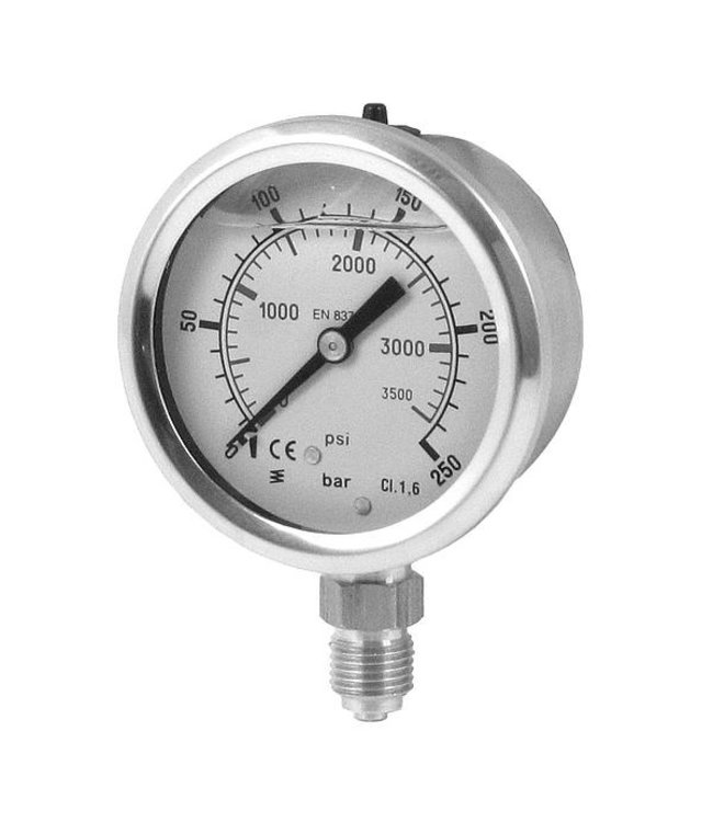 RVS manometer 0-160bar 60mm 1/4"onder, glycerine gevuld