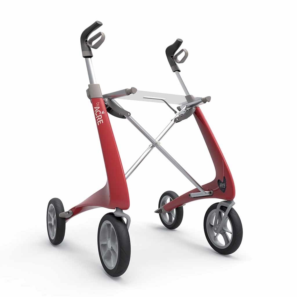 Carbon rollator Ultralight (4,8 kg) | by Acre | kleur: Rood | Lichtgewicht | Omgekeerde handvatten | Lichtste rollator | Soft banden | byAcre afbeelding