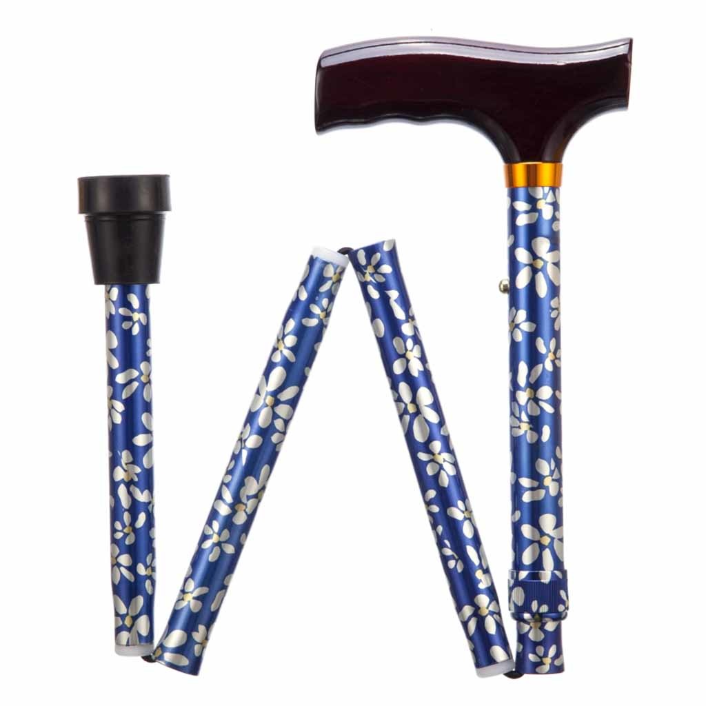 Opvouwbare wandelstok | Gebloemd | Blauw | Lengte 84 - 94 cm | Houten handvat | PR30120-BP afbeelding