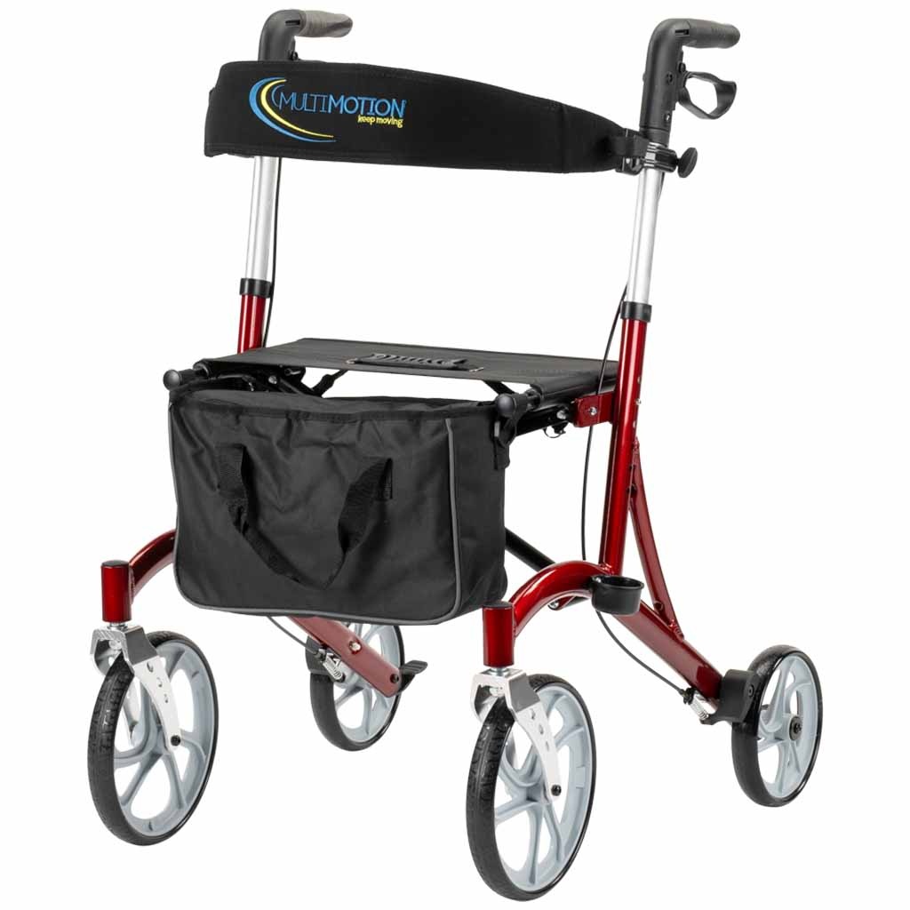 Lichtgewicht Rollator Cruiser | Rood | Grote voor wielen | Met rugband, tas en stokhouder | MultiMotion | Aluminium afbeelding