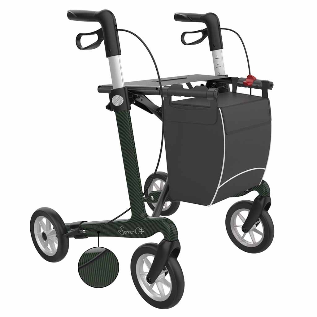 Server CF carbon ultralichtgewicht rollator | Gewicht: 5,4 kg | Kleur: Zwart/Groen | Soft banden | Large (standaard) 165 - 200 cm | Rehasense afbeelding
