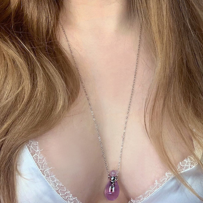 Jasmine Perfume Bottle Quartz Stone Purple & Stainless Steel  Necklace