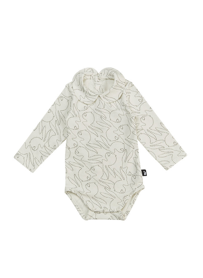 Mies & Co - Collar Bodysuit Long Sleeves Stitched Bunny - Off White