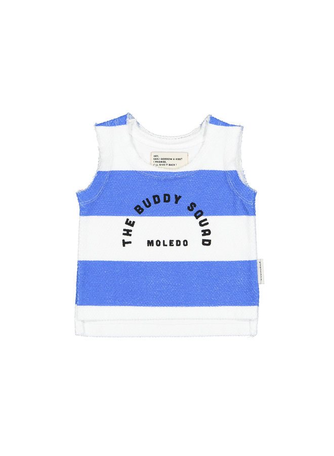 Baby sleeveless t-shirt - Blue & white stripes w/ the buddy squad print