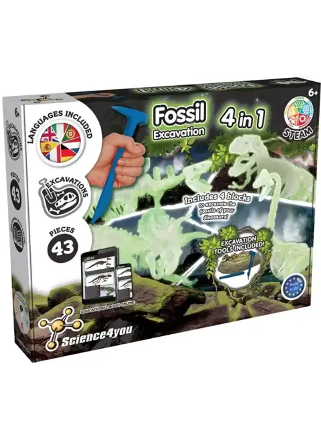 Science4you - Fossil excavation 4 in 1 glow in the dark