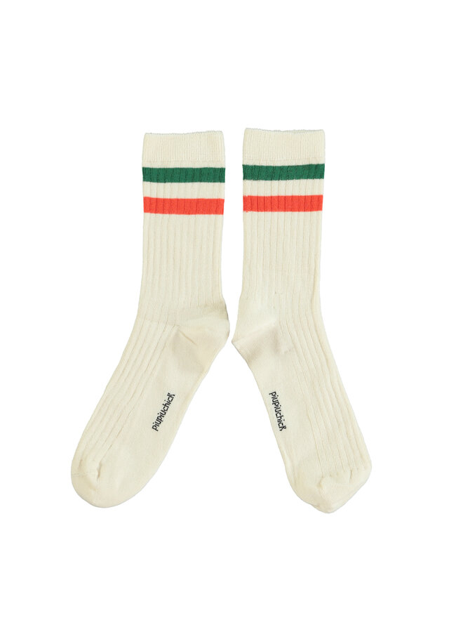 Piupiuchick - Socks - Ecru w/ orange & green stripes