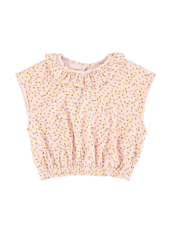 Sleeveless blouse w/ collar – Light pink w/ yellow flowers