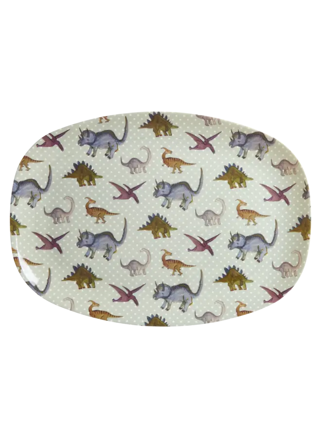 Rechthoekig melamine bord – Dusty blue dino print