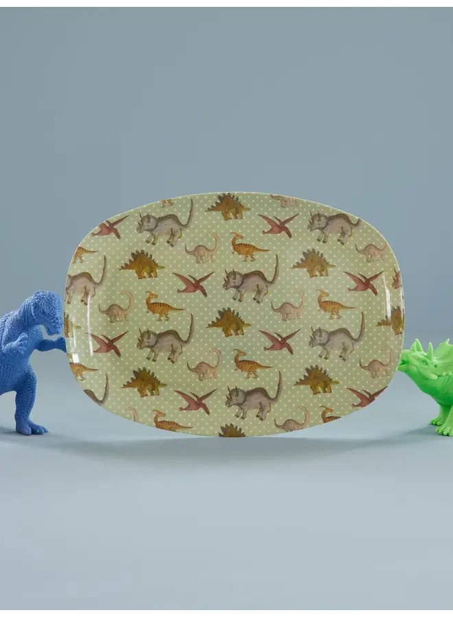 rice - Rechthoekig melamine bord – Dusty blue dino print