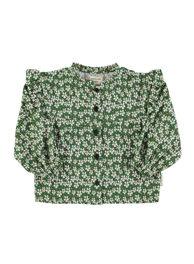 Blouse w/ frills on shoulders – Green flowers