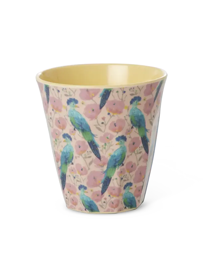 rice - Medium melamine beker - Zacht roze exotic bird print