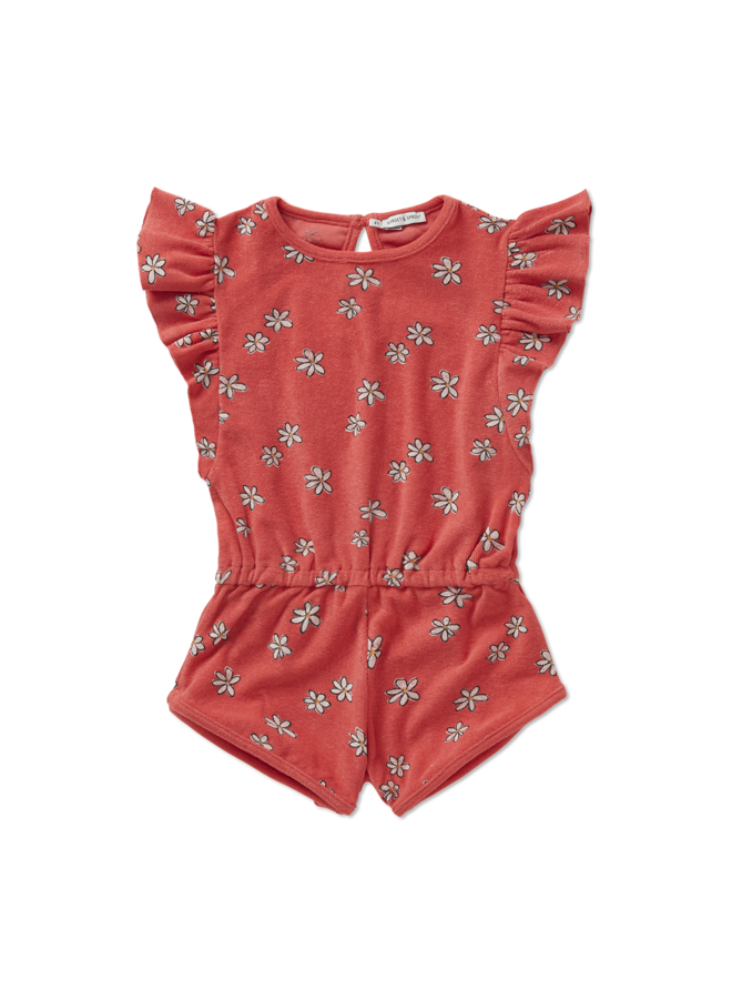 Sproet & Sprout - Ruffle terry jumpsuit daisies print - Rose petal