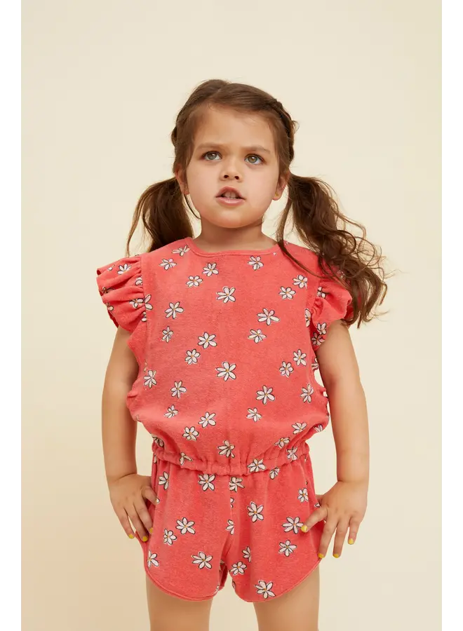Sproet & Sprout - Ruffle terry jumpsuit daisies print - Rose petal